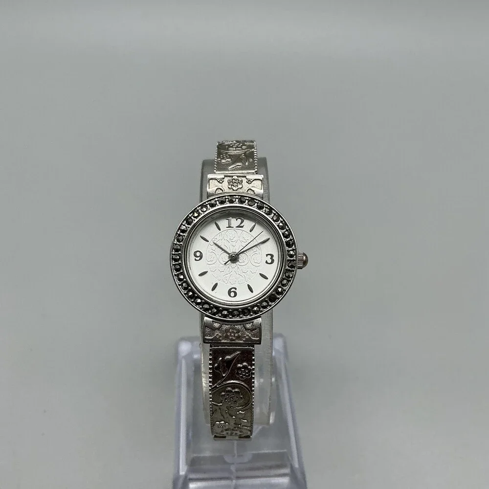 Valletta Womens Watch 24mm Silver Tone Floral Scroll Stretch Band New Battery